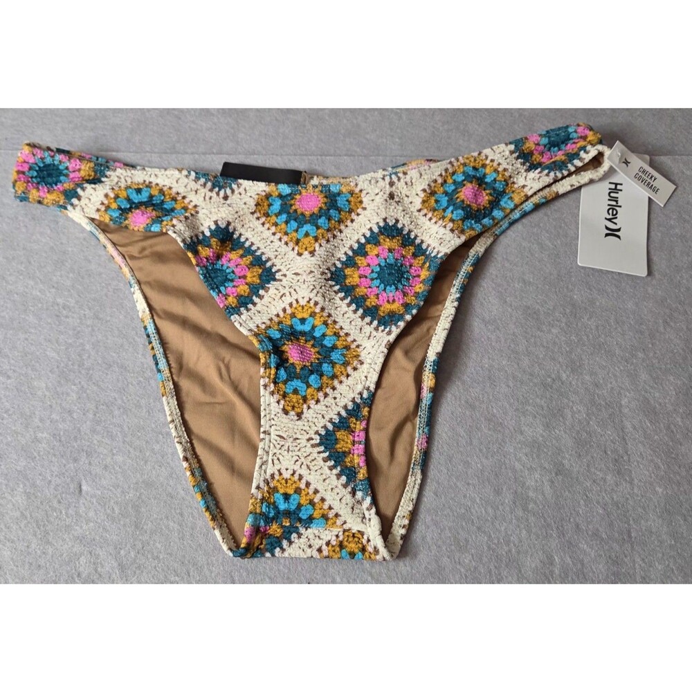 HURLEY Bikini Bottoms Sz XL Crochet Print Cheeky Coverage Textured NWT Boho Swim